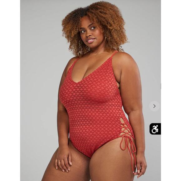 Crochet & Side Lace-Up One Piece Swimsuit Rust Color 2X (FTF) - Picture 2 of 8